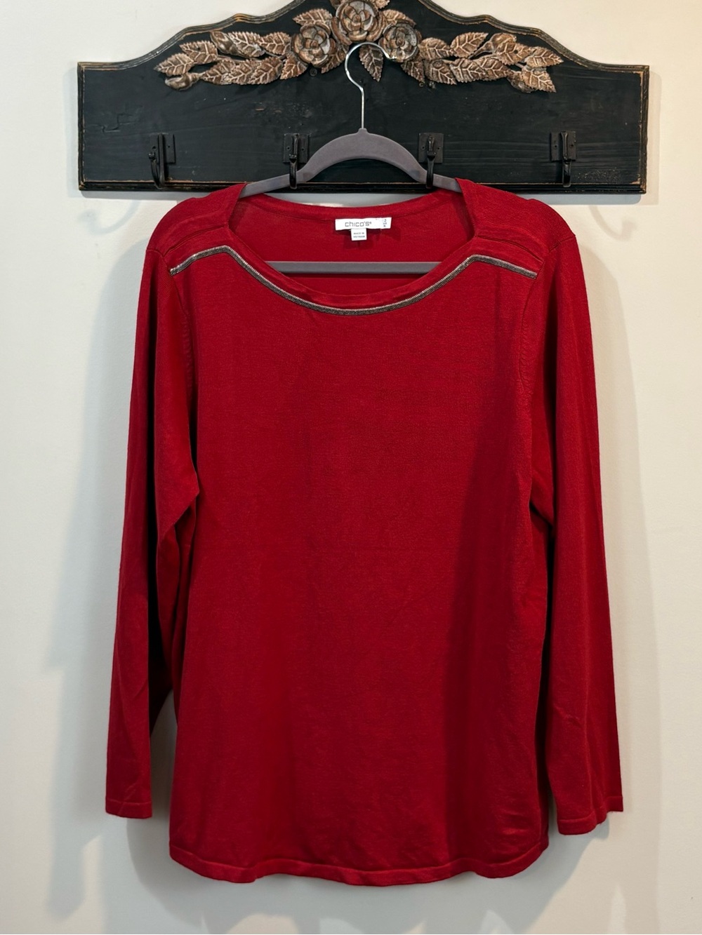 Chico’s Red with Studded Neck Detail Long Sleeve Sweater Size 3/XL